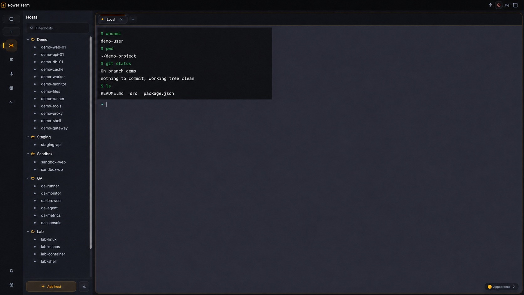 Power Term showing a host list, terminal session, and command output